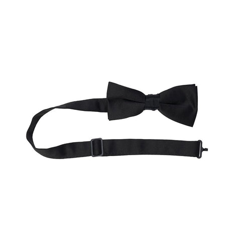 Black poly satin bow tie with adjustable strap and clasp, featuring a classic pre-tied design on a white background, suitable for formal events, tuxedos, weddings, school uniforms, concerts, and stage performances.