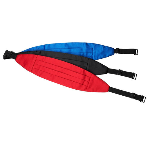 Poly satin cummerbunds in red, black, and royal blue with pleated front design and adjustable elastic straps, suitable for formal wear, weddings, school uniforms, hospitality staff, and performance attire.