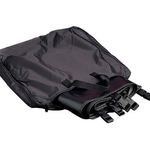 DSI bleacher cover storage bag holding folded padded bleacher covers, featuring durable black fabric, carry handles, and secure buckle straps for easy transport and storage.