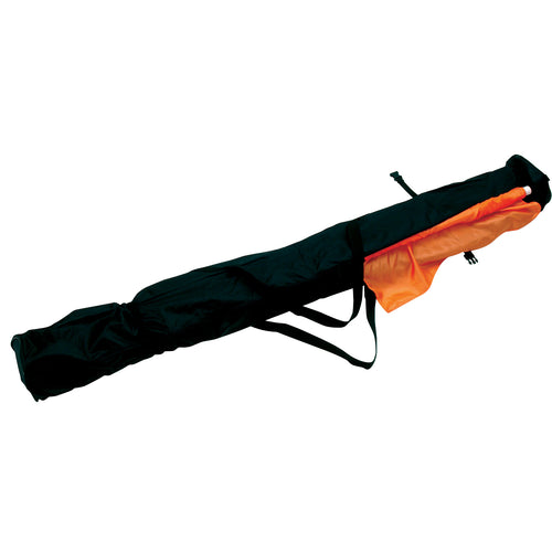 DSI pole bag for color guard shown with flag partially inserted, featuring durable black fabric, reinforced stitching, drawstring and zip closure, and shoulder strap for transporting color guard poles and flags.