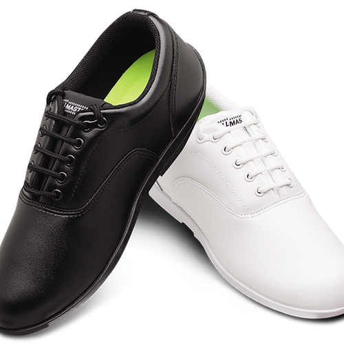 Drillmaster marching shoes in black and white, featuring a smooth leather upper with lace-up design, cushioned collar, supportive insole, and lightweight low-profile outsole, engineered for marching band and drill team performers seeking comfort, durability, and precise foot control during rehearsals and field performances.