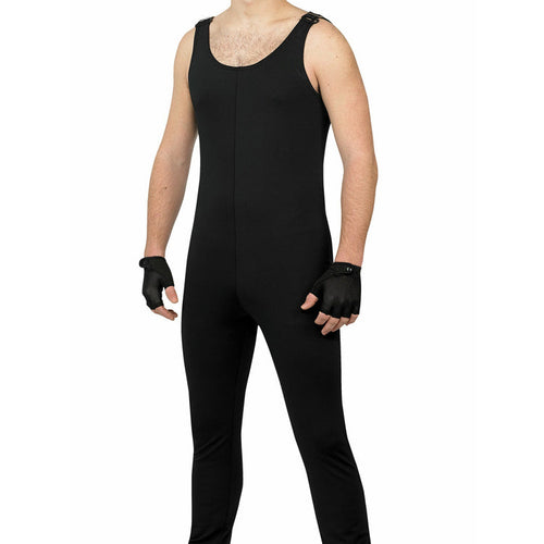 In-stock unisex bibber in black, shown on a male model, featuring a sleeveless full-length performance design ideal for color guard, marching band, and rehearsal wear with a flexible, streamlined fit.