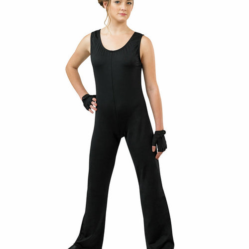 In-stock unisex bibber in black, featuring a sleeveless full-length design for color guard, marching band, and performance wear, offering a clean silhouette and flexible fit for rehearsal and stage use.
