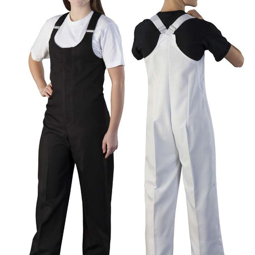 DSI Ultra Bibber shown in front and back views, featuring unisex performance bibbers in black and white with adjustable shoulder straps, designed for marching band, color guard, and performance wear.