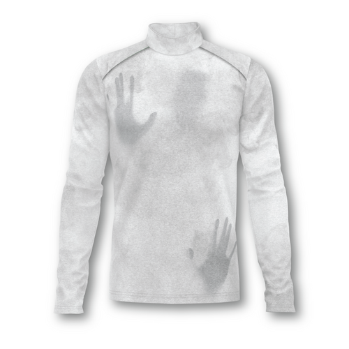 Flow Flex Top F010 long-sleeve performance top with mock neck, light grey fabric finish and abstract handprint design, shown on a clean white background for custom marching band uniform apparel