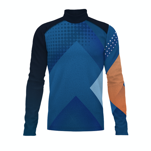 Flow Flex Top FG003 long sleeve performance top with blue geometric pattern and contrast sleeve design