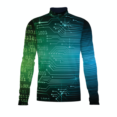 Flow Flex Top FG005 long sleeve performance top with green and blue digital circuit pattern design
