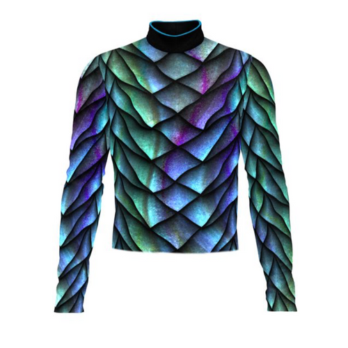 Marching Band Flow Flex Performance Top G031 featuring a high-neck long-sleeve design with an iridescent geometric scale pattern in teal, blue, purple, and green tones, engineered for marching band performance with a sleek athletic fit and full-coverage stretch fabric.