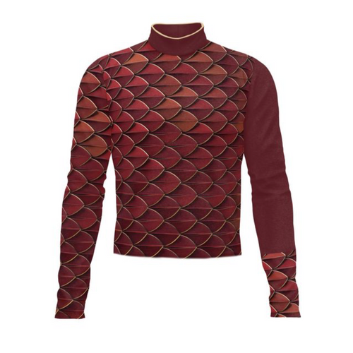 Marching Band Flow Flex Performance Top G032 featuring a deep maroon scale-pattern design with long sleeves and a high-performance stretch fit, engineered for marching band uniforms requiring flexibility, durability, and a professional stage-ready appearance.