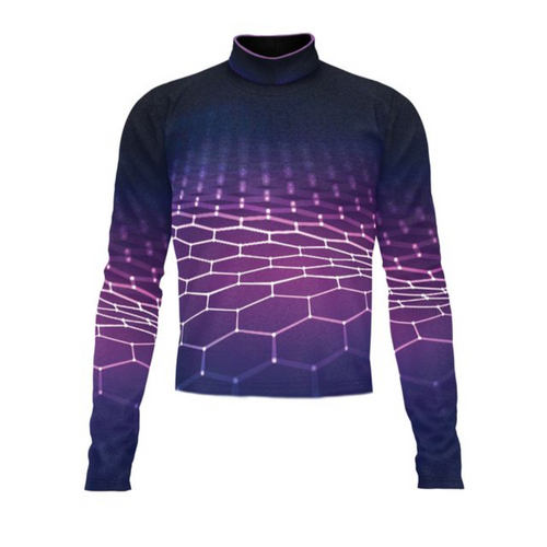 Front view of Marching Band Flow Flex Performance Top G033 featuring a high-neck, long-sleeve design with a purple-to-navy gradient and geometric hexagonal pattern, engineered for flexibility, comfort, and visual impact during marching band performances.