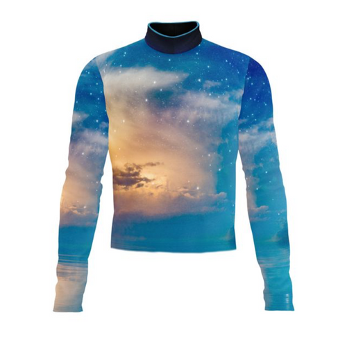 Marching Band Flow Flex Performance Top G034 featuring a high-neck performance design with long sleeves and a custom sublimated sky and cloud gradient pattern, engineered for flexibility, comfort, and visual impact during marching band performances.