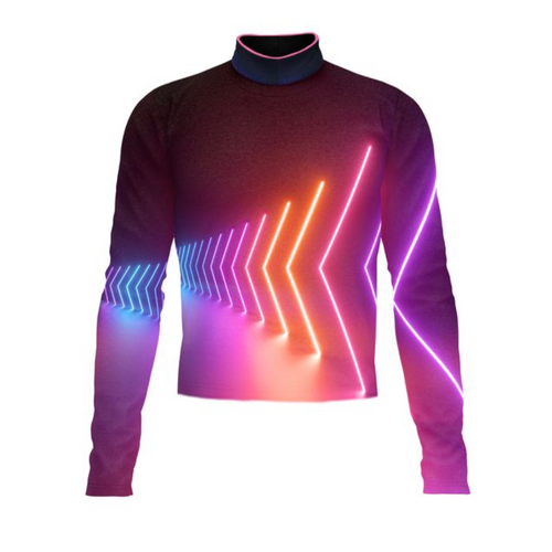 Marching Band Flow Flex Performance Top G035 featuring a sleek dark base with vibrant neon chevron graphics in pink, orange, and blue across the torso and sleeves, designed for high-impact visual performance, flexibility, and comfort during marching band shows.