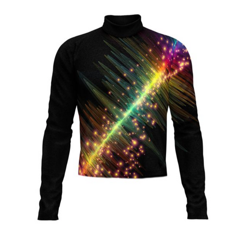 Marching Band Flow Flex Performance Top G036 featuring a black long-sleeve uniform top with a high collar and dynamic diagonal light-burst graphic in neon green, yellow, and multicolor tones, designed for flexible movement, visual impact, and professional marching band performance.