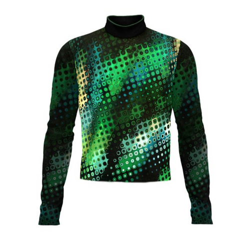 Marching Band Flow Flex Performance Top G037 featuring a green and black digital dot pattern design with long sleeves and a high mock neck, engineered for flexibility, comfort, and high-performance marching band uniforms.