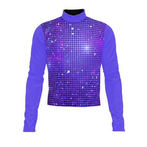 Marching Band Flow Flex Performance Top G038 featuring a purple long-sleeve uniform with a high collar and a pixelated, shimmering grid pattern on the front panel, designed for modern marching band performance and visual impact.