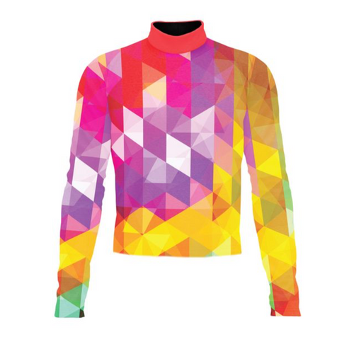 Marching Band Flow Flex Performance Top G039 featuring a vibrant geometric design in pink, yellow, orange, and purple tones, with a high-performance stretch fit and long sleeves, designed for marching band uniforms that demand visual impact, comfort, and on-field flexibility.