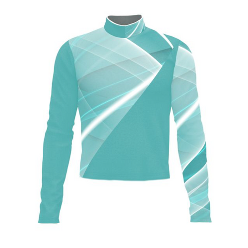 Marching Band Flow Flex Performance Top G040 in teal and aqua tones, featuring a modern wrap-style geometric design with flowing diagonal lines, long sleeves, and a structured mock neck, engineered for flexibility, comfort, and visual impact during marching band performances.