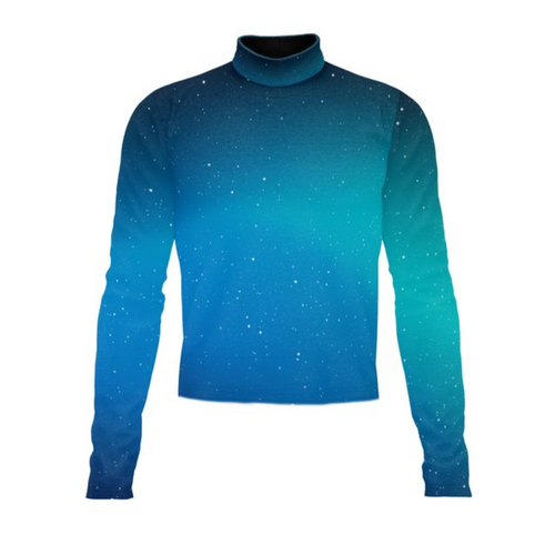 Marching Band Flow Flex Performance Top G041 featuring a blue-to-teal gradient design with subtle star pattern, long sleeves, and a high collar, designed for flexible movement and professional marching band performance.