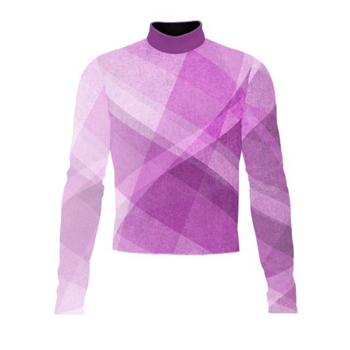 Marching Band Flow Flex Performance Top G042 featuring a purple geometric gradient design, long sleeves, and a mock neck collar, designed for flexibility, comfort, and visual impact in marching band and performance uniforms.