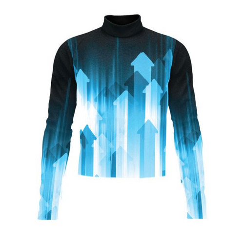 Front view of Marching Band Flow Flex Performance Top G043 featuring a black base with dynamic blue upward arrow graphics, long sleeves, and a high collar, designed for modern marching band uniforms with a sleek, performance-driven look.