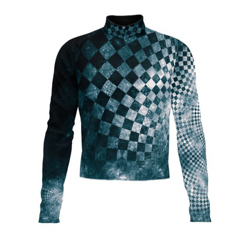 Marching Band Flow Flex Performance Top G044 featuring an asymmetrical teal and black checkered graphic design, long sleeves, and a high-performance stretch fit designed for marching band uniforms.