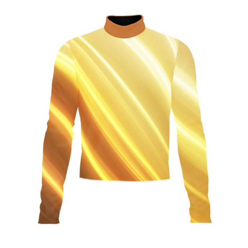 Front view of Marching Band Flow Flex Performance Top G045 featuring a high-neck performance uniform top with a dynamic golden-yellow gradient design, long sleeves, and smooth stretch fabric engineered for marching band and drum corps performances.