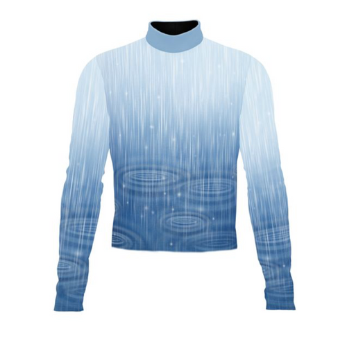 Marching Band Flow Flex Performance Top G046 featuring a sleek blue gradient design with vertical motion lines and ripple accents, long sleeves, and a mock neck collar, engineered for flexibility, comfort, and high-performance marching band uniforms.