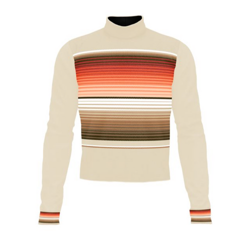 Front view of Marching Band Flow Flex Performance Top G047 featuring a cream-colored base with horizontal gradient stripe design across the chest in red, brown, and neutral tones, long sleeves, and a mock neck collar, designed for flexible movement and professional marching band performance wear.