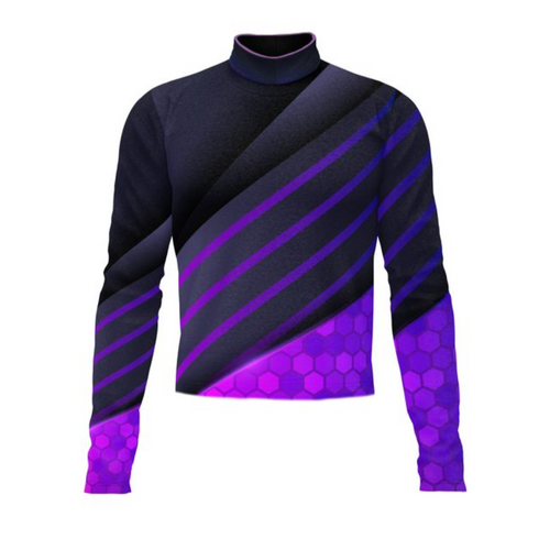 Marching Band Flow Flex Performance Top G048 featuring a black and purple diagonal stripe design with honeycomb sleeve accents, high mock neck, and flexible performance fabric for modern marching band uniforms.