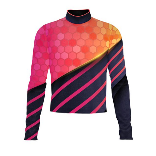 Marching Band Flow Flex Performance Top G049 featuring a high-neck long-sleeve design with vibrant pink-to-orange gradient, hexagon pattern detailing, and diagonal performance stripes, engineered for flexibility, comfort, and visual impact in marching band uniforms.