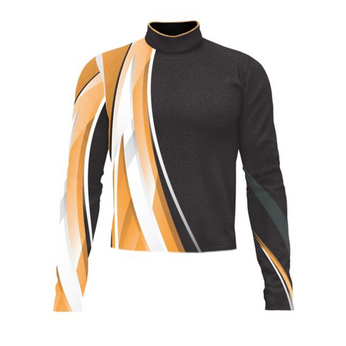 Marching Band Flow Flex Performance Top G050 featuring a black base with dynamic gold, white, and grey diagonal graphic accents, designed for high-performance marching band uniforms with a sleek athletic fit and modern visual impact.