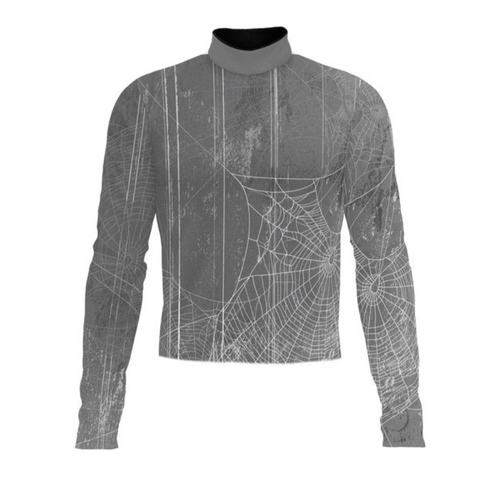 Front view of Marching Band Flow Flex Performance Top G051 featuring a long-sleeve athletic uniform with a high collar, grey textured base, and abstract spider-web graphic pattern, designed for flexibility, comfort, and professional marching band performance.