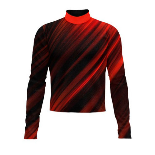 Marching Band Flow Flex Performance Top G052 featuring a bold red and black diagonal stripe design with long sleeves and a structured high collar, designed for marching band uniforms that require flexibility, durability, and high visual impact during performances.