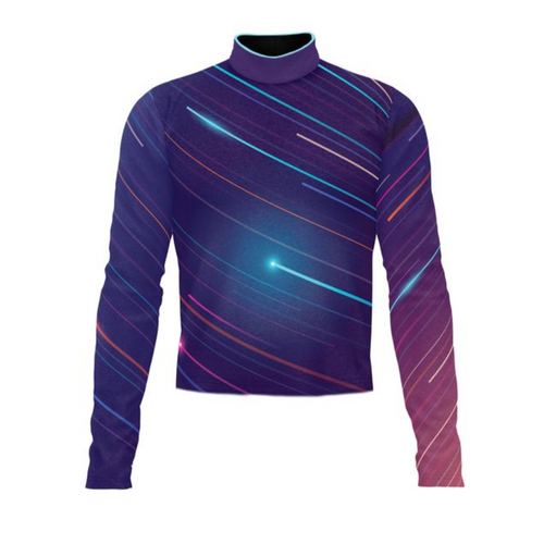 Marching Band Flow Flex Performance Top G053 featuring a purple base with dynamic neon diagonal streak design, long sleeves, and high mock neck collar, engineered for flexibility, comfort, and visual impact in marching band and performance uniforms.