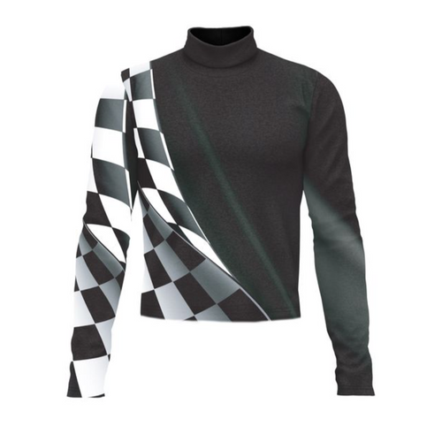 Marching Band Flow Flex Performance Top G054 featuring a sleek black base with a bold black-and-white geometric checkered design across the front and sleeve, designed for high-performance marching band uniforms with a modern, dynamic look.