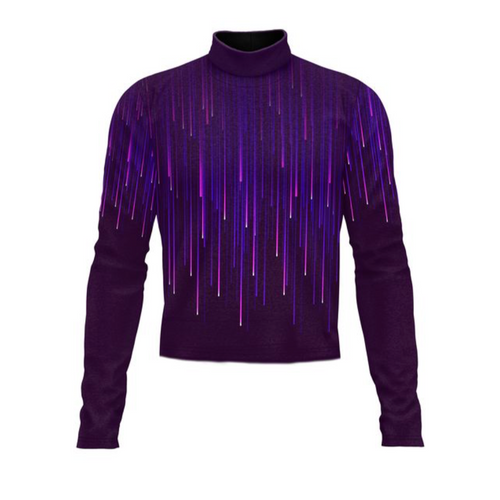 Marching Band Flow Flex Performance Top G055 featuring a deep purple long-sleeve uniform with a high mock neck and dynamic vertical light-streak graphic pattern, designed for flexibility, comfort, and visual impact during marching band performances.