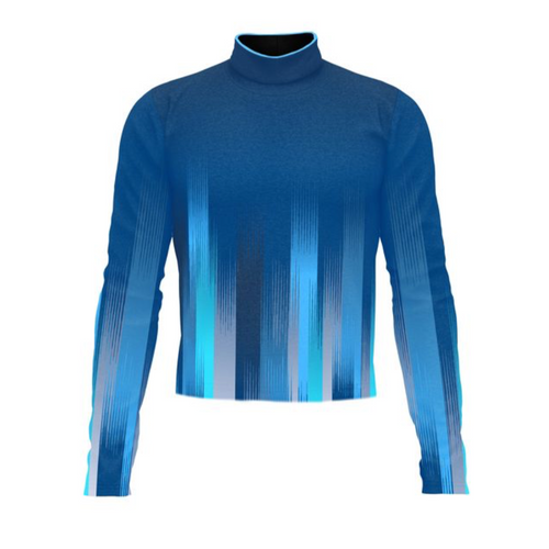 Marching Band Flow Flex Performance Top G056 front view, featuring a high-neck long-sleeve marching band uniform top in deep blue with vertical gradient stripe detailing, designed for flexibility, comfort, and high-performance field movement.