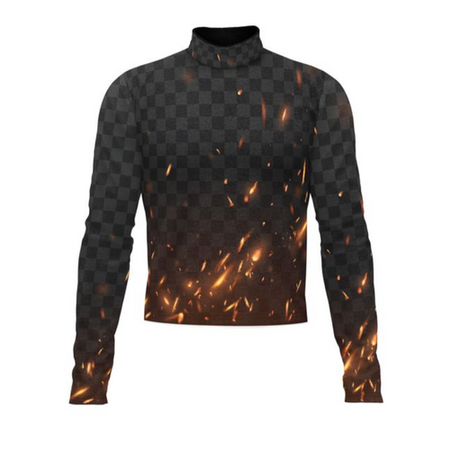 Marching Band Flow Flex Performance Top G057 featuring a black checkered base with glowing ember-inspired graphic design, long sleeves and mock neck construction, engineered for flexibility, durability, and high-performance marching band uniforms.