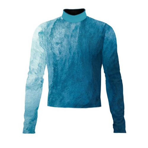 Marching Band Flow Flex Performance Top G058 featuring a blue gradient design with long sleeves and a mock neck collar, engineered for flexibility, comfort, and high-performance marching band uniforms.