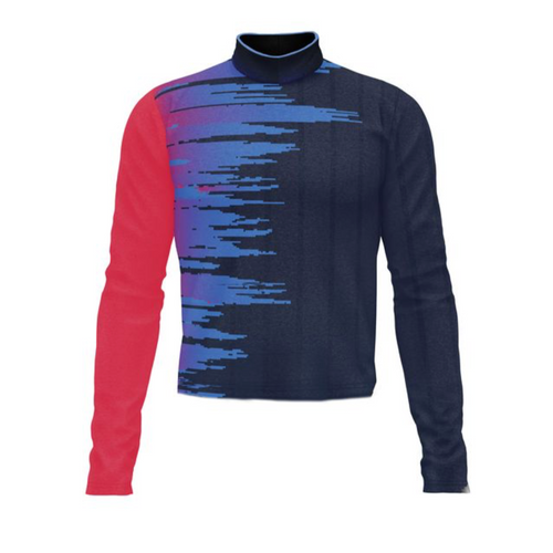 Marching Band Flow Flex Performance Top G059 featuring a modern split-color design with red and navy panels, abstract digital stripe pattern, long sleeves, and a high-performance mock neck for competitive marching band uniforms.