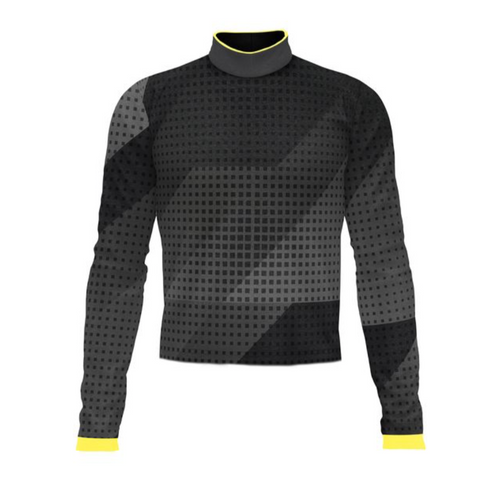Marching Band Flow Flex Performance Top G060 featuring a black and dark grey geometric pattern with long sleeves, high mock collar, and yellow trim accents, designed for flexibility, breathability, and professional marching band performance.