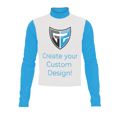 Custom Flow Flex long sleeve performance top mockup featuring a high-neck athletic design with blue sleeves and a white body, showcasing a customizable logo and text area for team uniforms, sportswear branding, and personalized apparel designs.