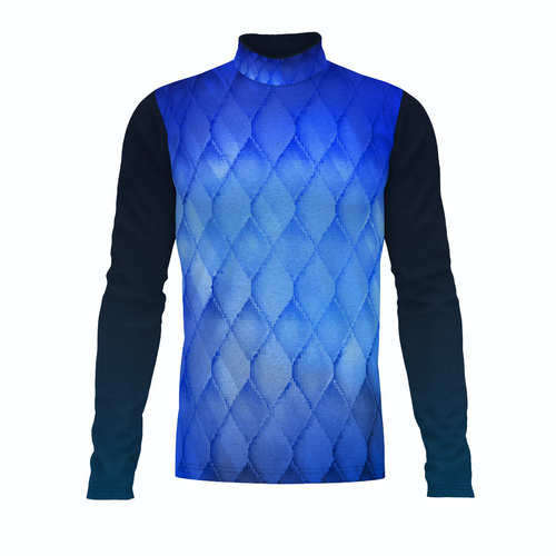 Flow Flex Top FG008 performance uniform top in blue gradient design with black long sleeves and mock neck, featuring a diamond-textured pattern for marching band and athletic wear