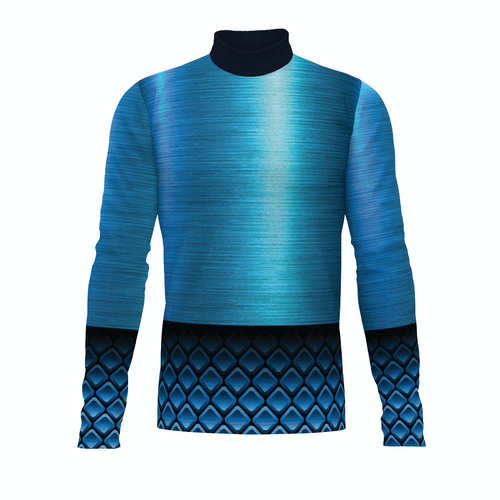 Flow Flex Top FG009 performance marching band top featuring blue gradient fabric with textured geometric sleeve and hem detailing, designed for athletic fit and on-field comfort