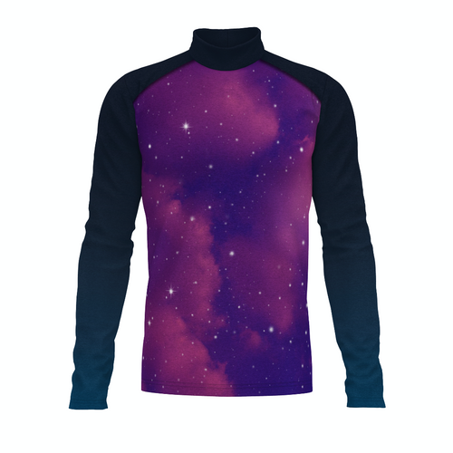 Flow Flex Top FG019 long sleeve performance top with galaxy-inspired purple print and black sleeves, front view
