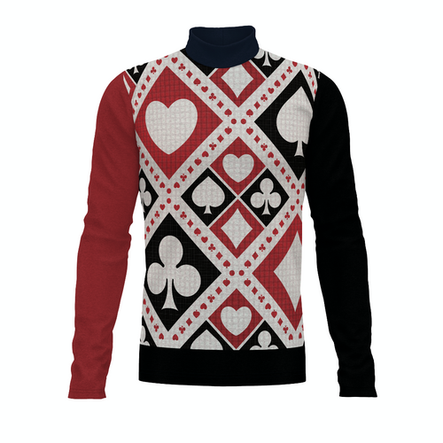 Flow Flex Top FG013 long sleeve performance uniform with red, black, and white playing card pattern featuring hearts, spades, clubs, and diamonds on front panel