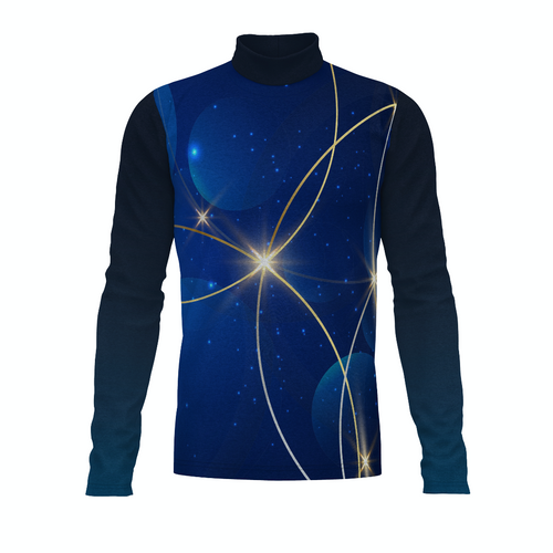 Flow Flex Top FG014 performance uniform top with blue galaxy-inspired design, long sleeves, and high collar, featuring dynamic starburst and line graphics for marching band and performance wear