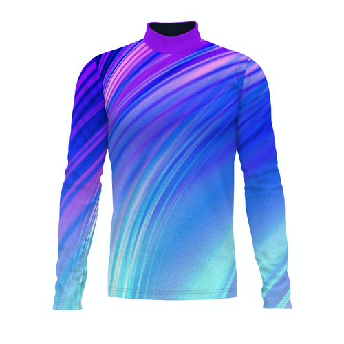 Flow Flex Top FG015 performance uniform top with purple and blue gradient swirl design, long sleeves, and mock neck front view