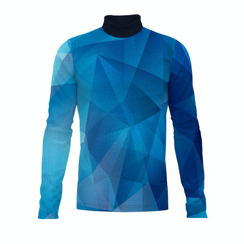 Flow Flex Top FG018 blue geometric long sleeve performance top with mock neck, front view