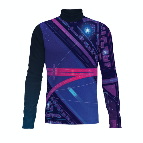 Flow Flex Top FG019.2 performance long sleeve mock neck top with futuristic geometric graphic design, athletic fit apparel front view